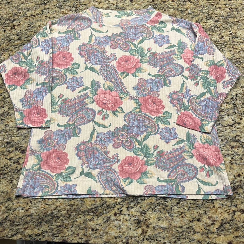 Vintage Alyssa Brooke II Floral Paisley Ribbed Knit Top Pink Blue Women 1X